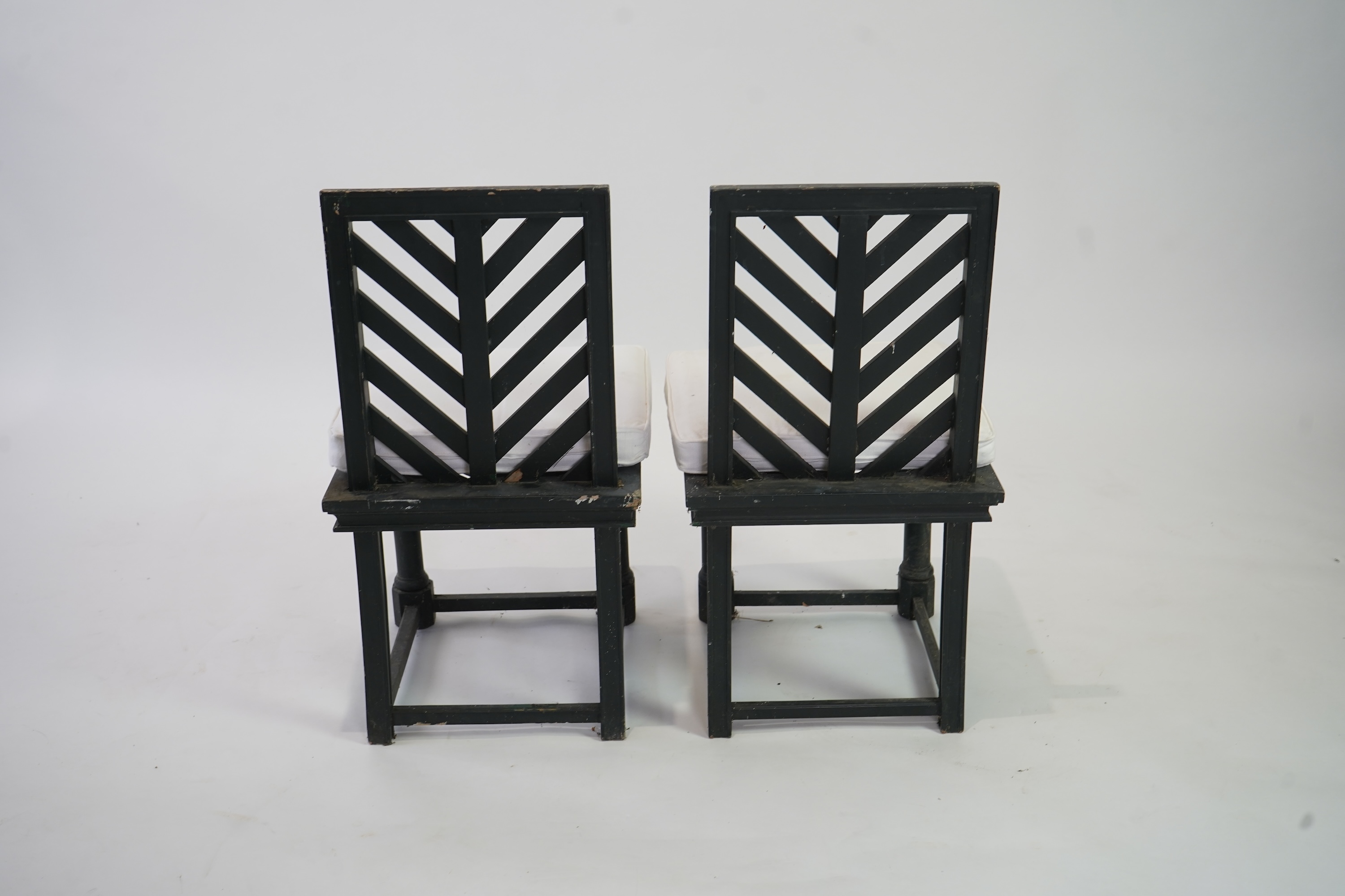 A set of fourteen green painted beech garden chairs, designed by Emilio Terry for the Theatre de Verdue, Chateau De Groussay